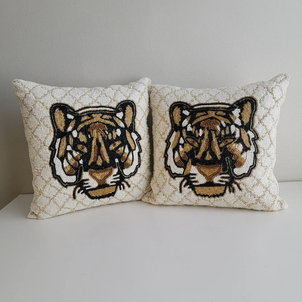 Tiger Beaded Throw Pillows Set of 2 Cream Gold Safari Decor 14in Square